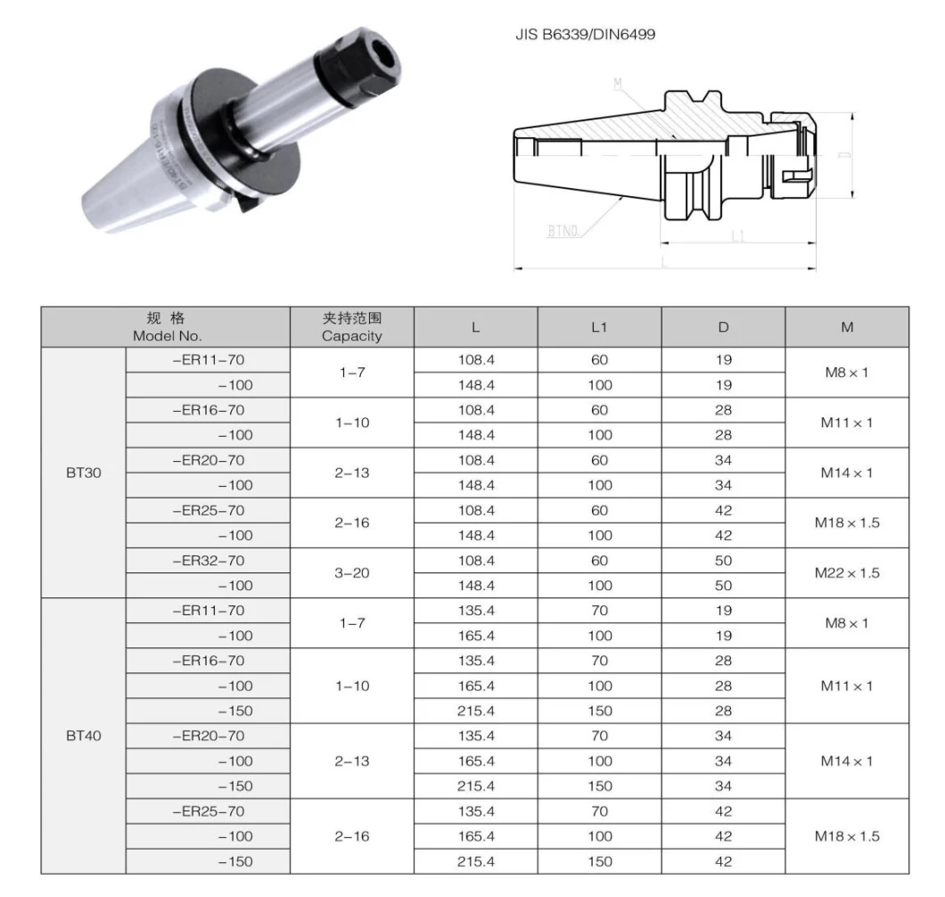 Good Quality Tool Holder Tooling System High Speed BT40-ER11-100 BT-ER Series