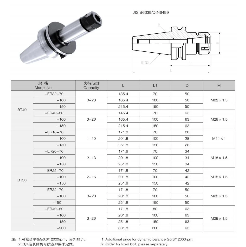 Good Quality Tool Holder Tooling System High Speed BT40-ER32-100 BT-ER Series